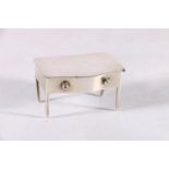 Edward VII sterling silver hinged stamp box in the form of a single drawer table on straight