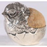 Edwardian sterling silver pin cushion in the form of a chick emerging from an egg, Samson Modau &