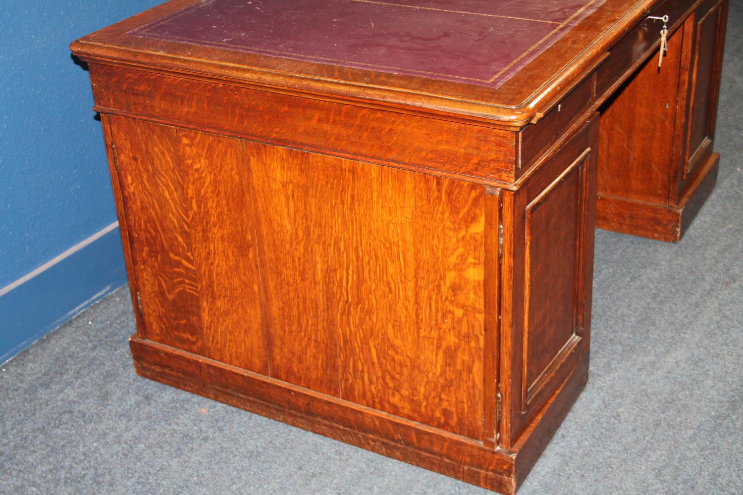 Late Victorian oak partners desk, with a later tooled skiver above a long drawer flanked with a - Image 3 of 3