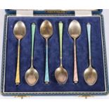 Cased set of six sterling silver and enamelled teaspoons, H Clifford Davis Ltd, Birmingham, 1959,