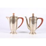 Sterling silver two piece cafe-au-lait sevice with wooden handles and finial, Sauders and Macheuzie,