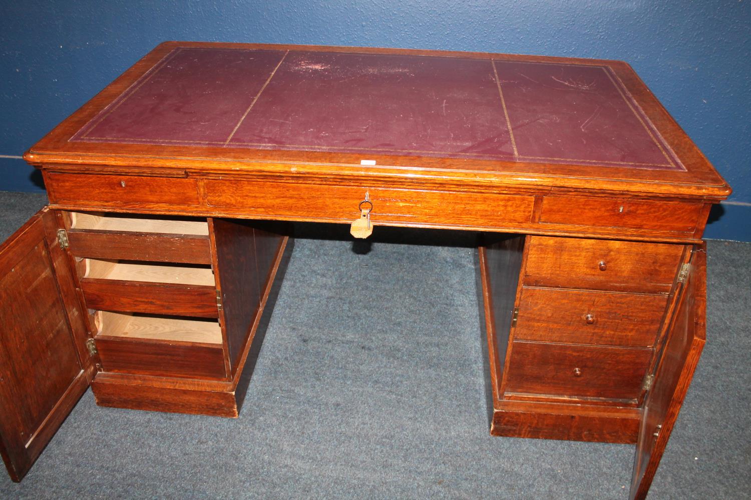 Late Victorian oak partners desk, with a later tooled skiver above a long drawer flanked with a - Image 2 of 3