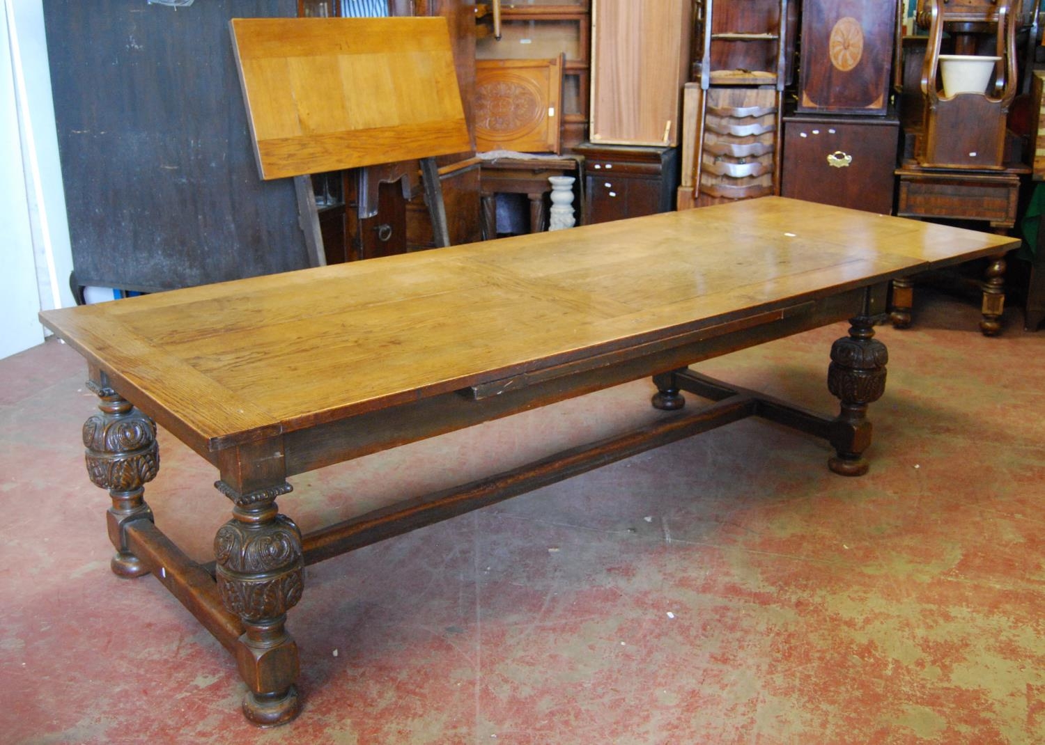 Victorian oak refectory table, the rectangular detachable plank top with a pull-out extension to