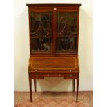 Sheraton revival inlaid mahogany bureau bookcase, c. early 20th century, the bookcase with two