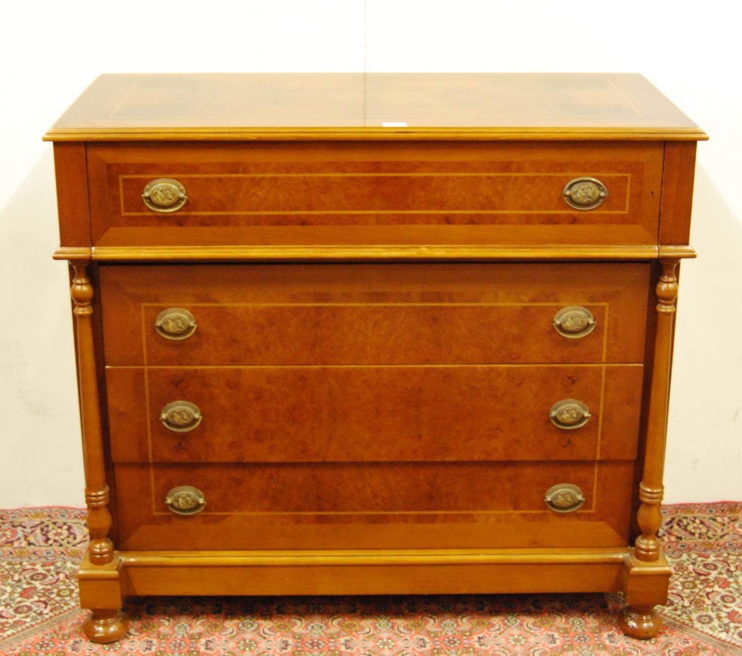 French-style reproduction walnut secrétaire chest of drawers, with a fall front secrétaire drawer to