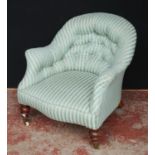 19th century walnut lady's armchair, upholstered in later striped button-back fabric, on brass