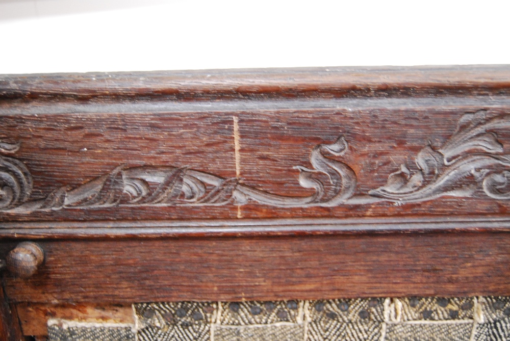 19th century continental carved oak hall bench decorated with carved floral, fruit, vine and - Image 8 of 15