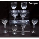 Collection of Regency-style glass comprising a set of eight wine glasses, each on a knopped stem,