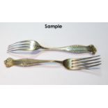 Set of twelve American silver table forks of bead and scroll pattern by Traub & Co., 656g or 21oz.