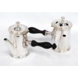 Pair of EP café-au-lait pots, tapering, with left and right-handed screwed ebony handles, by