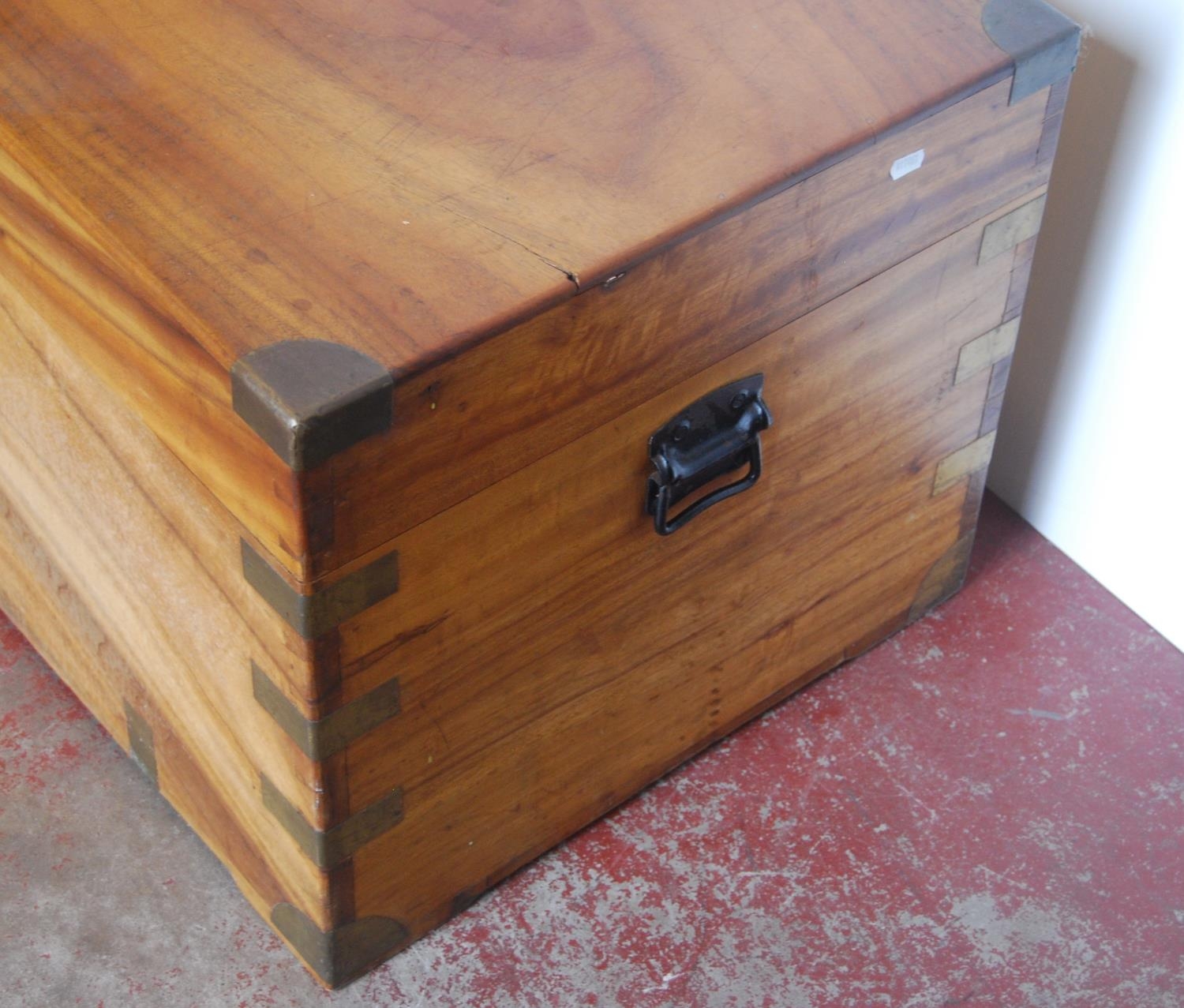 19th century brass-bound camphorwood blanket chest, the hinged top with brass handle, painted - Image 3 of 15