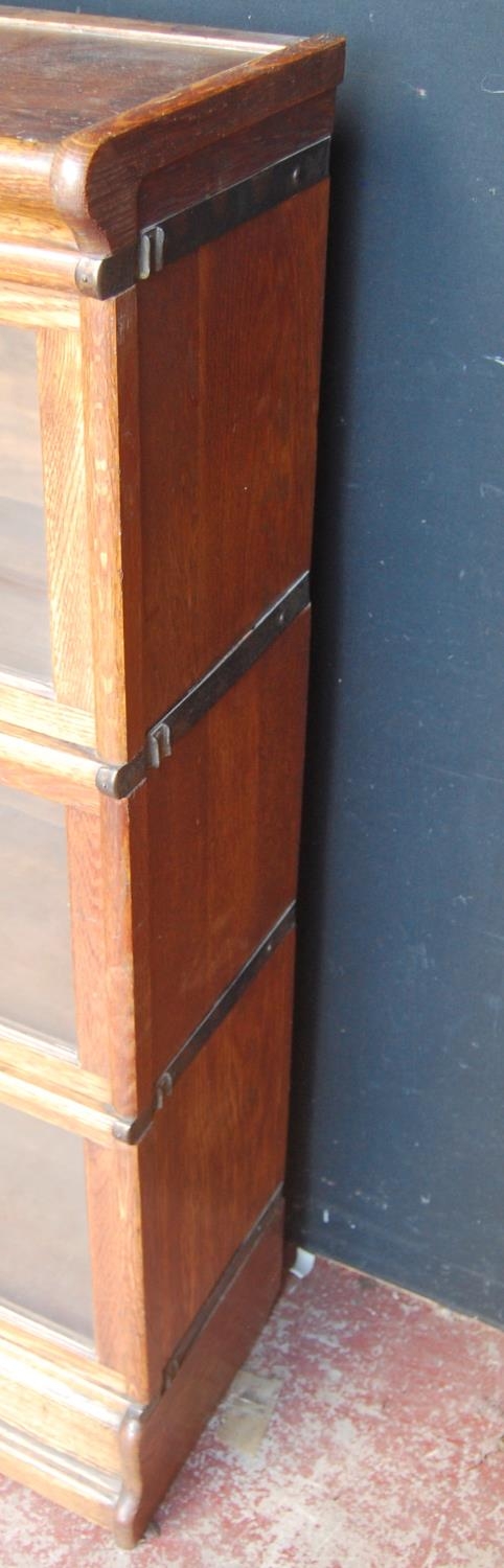 Globe Wernicke oak stacking bookcase, with three glazed sections, on base, with label to each - Image 6 of 7