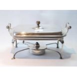 Silver chafing dish, rectangular, with gadrooned edges, liner cover and stand with lamp, by