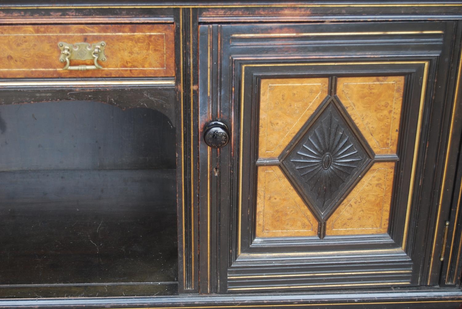 Late 19th century Aesthetic Movement ebonised and walnut drawing room cabinet, the top section - Image 3 of 9