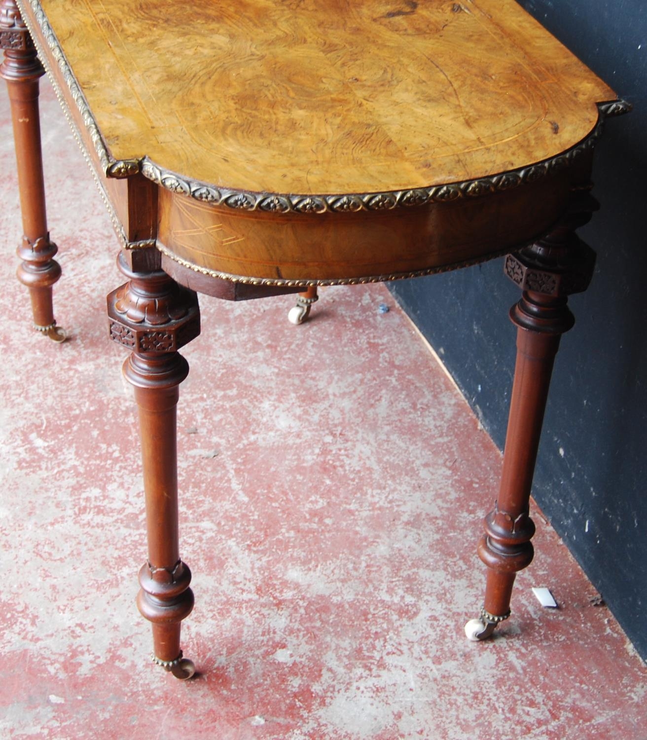 19th century French inlaid burr walnut hall table, the D-end top above an inlaid frieze decorated - Image 6 of 6