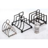 Silver toast rack, for four, 1901, two others, one EP, and a pierced pepperette.  (4)