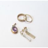 Two gold band rings, a pair of drop earrings and a gem pendant, all 9ct gold, 10g gross.