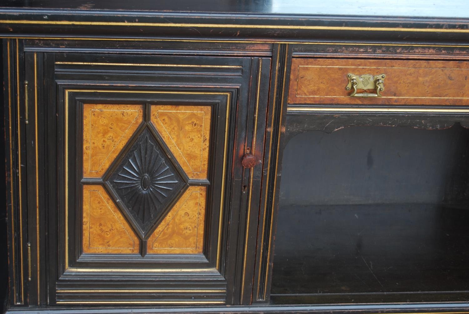 Late 19th century Aesthetic Movement ebonised and walnut drawing room cabinet, the top section - Image 2 of 9