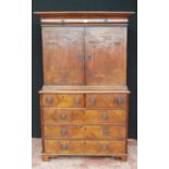 Early 18th century Queen Anne walnut cabinet on chest, the cabinet top with a long drawer above