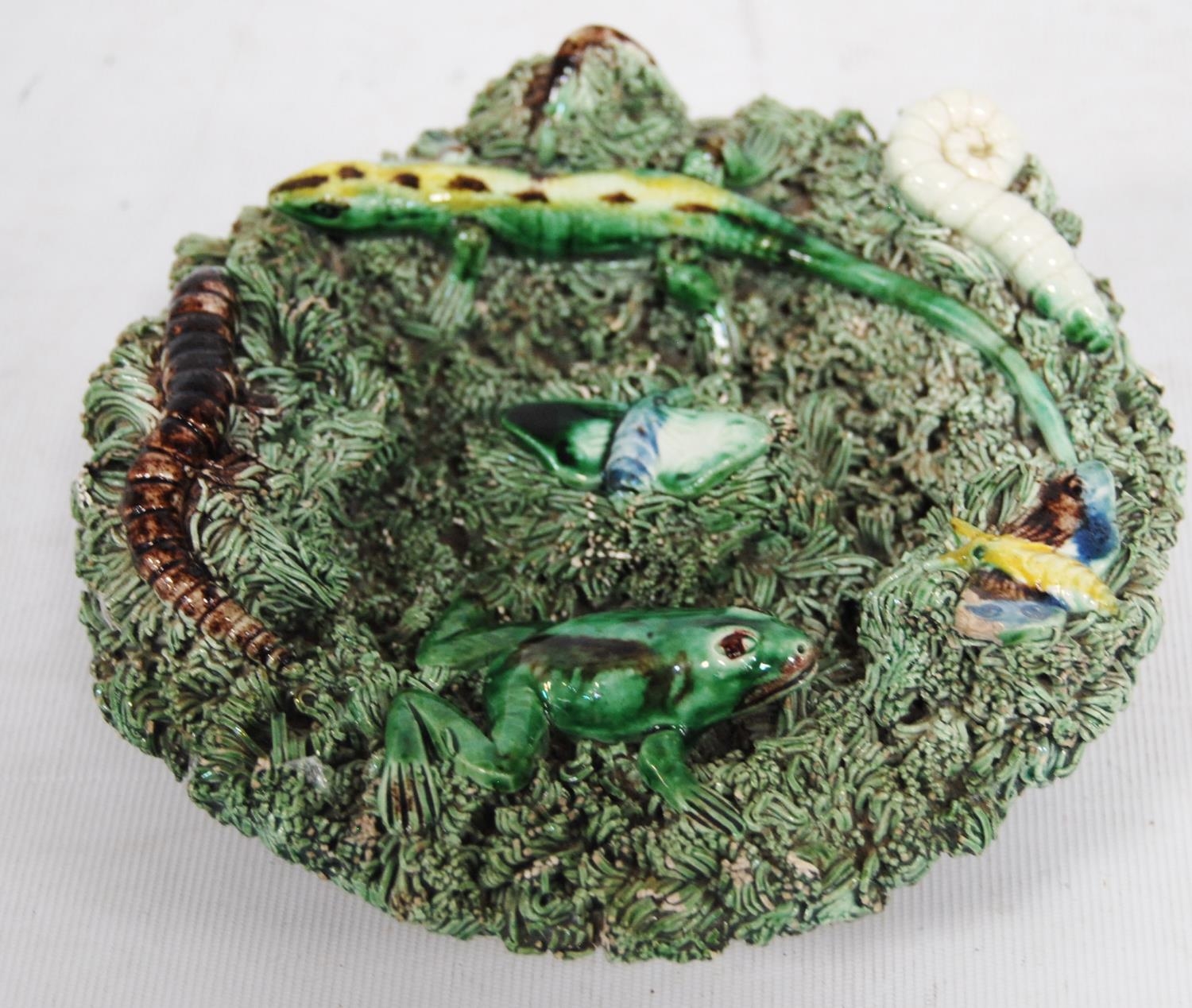 Portuguese majolica Palissy-style plate decorated with relief moulded salamanders and a beetle on - Image 5 of 6