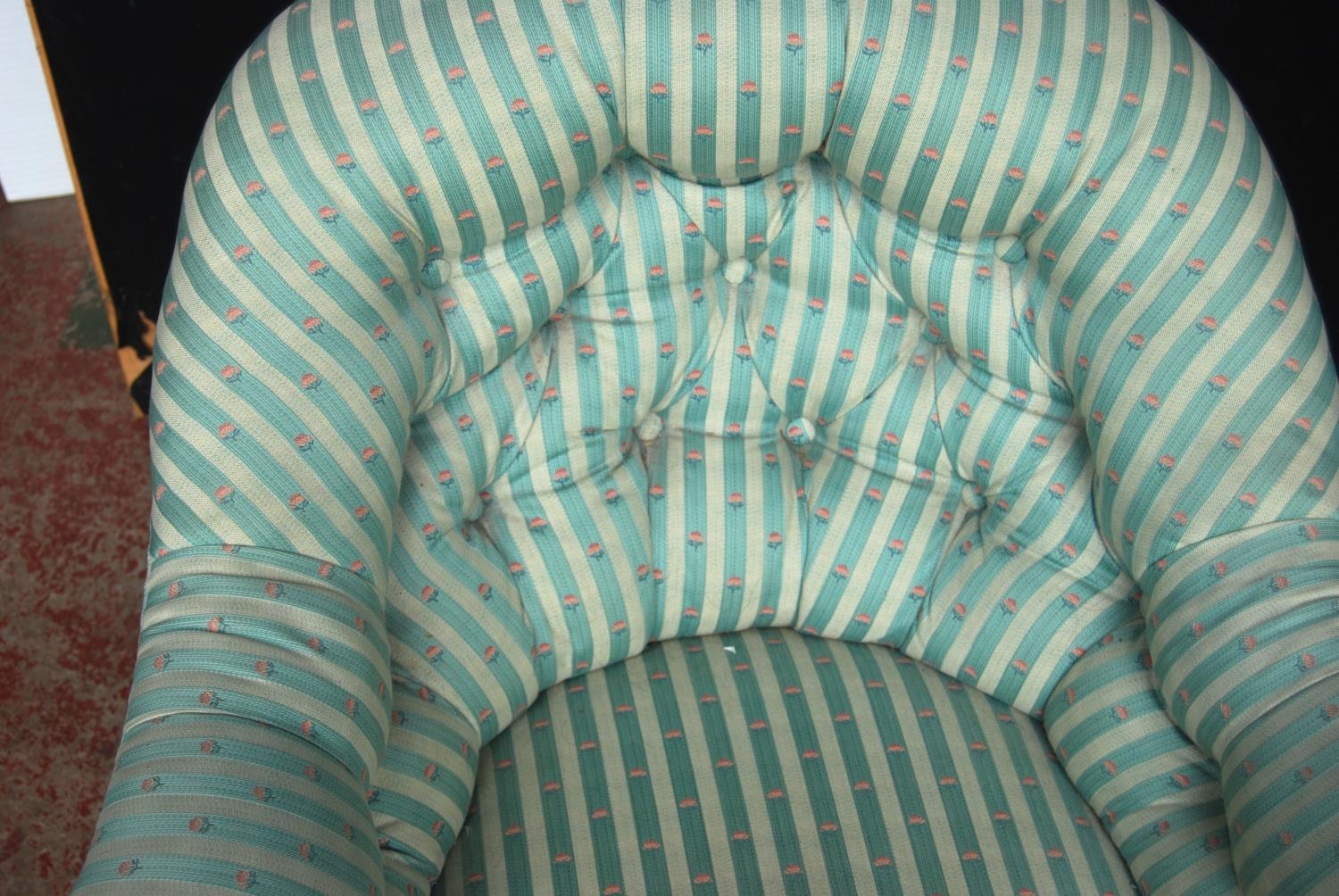 19th century walnut lady's armchair, upholstered in later striped button-back fabric, on brass - Image 3 of 4