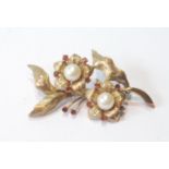 Gold floral brooch with cultured pearls and garnets, '9ct', 8.2g.