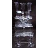 Group of 18th century-style antique cordial, wine and ale glasses, each with trumpet and plain