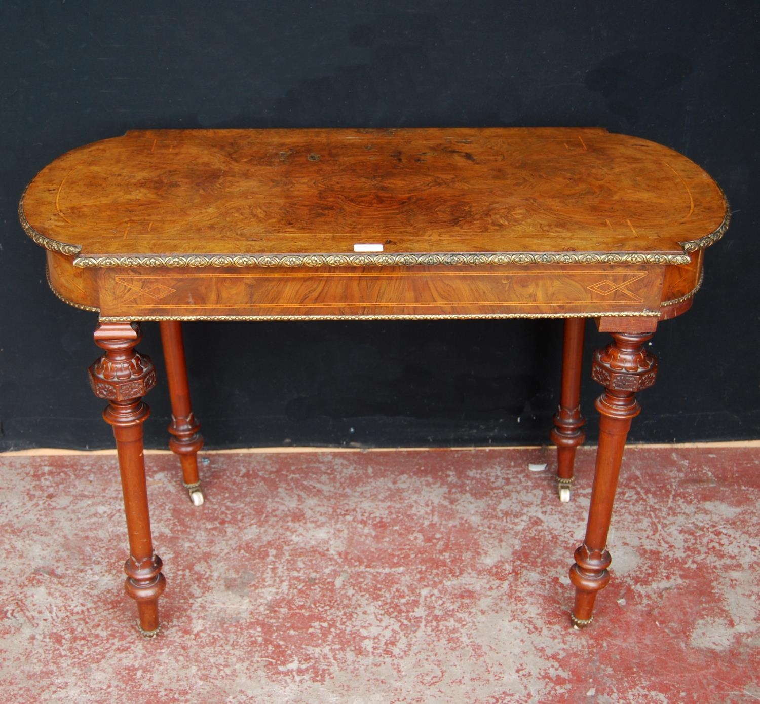 19th century French inlaid burr walnut hall table, the D-end top above an inlaid frieze decorated