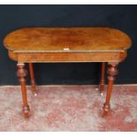 19th century French inlaid burr walnut hall table, the D-end top above an inlaid frieze decorated