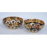 Pair of near-matching Royal Crown Derby Imari bowls of octagonal form, 8cm high and 21.5cm wide.  (