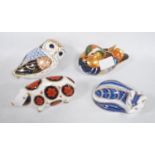 Four Royal Crown Derby paperweights modelled as an owl, pig, bird and a fox, stopper to the