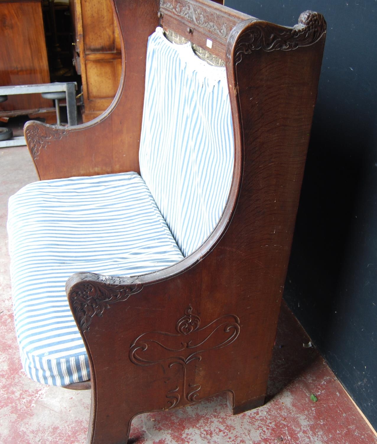 19th century continental carved oak hall bench decorated with carved floral, fruit, vine and - Image 7 of 15