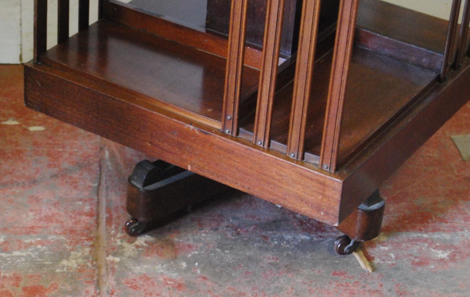 Edwardian inlaid mahogany revolving bookcase, with open shelving and three short drawers to the - Image 5 of 5