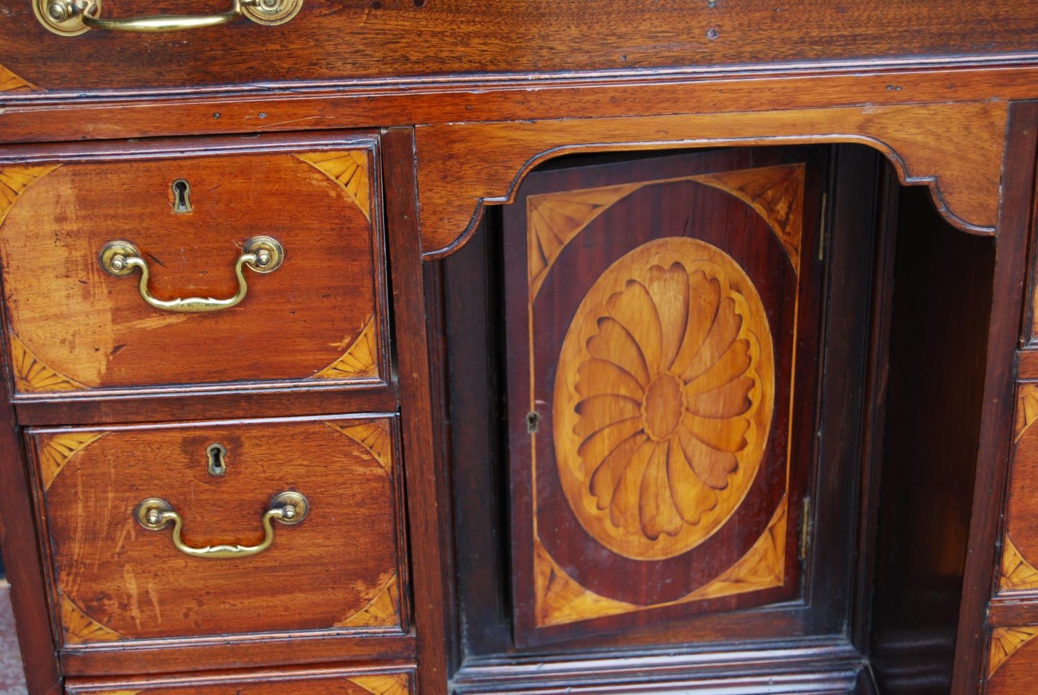 George III style inlaid mahogany kneehole desk, the long drawer above a cupboard door - Image 5 of 8