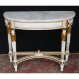 French-style painted console table, the demi-lune shaped top with detachable marble surface above