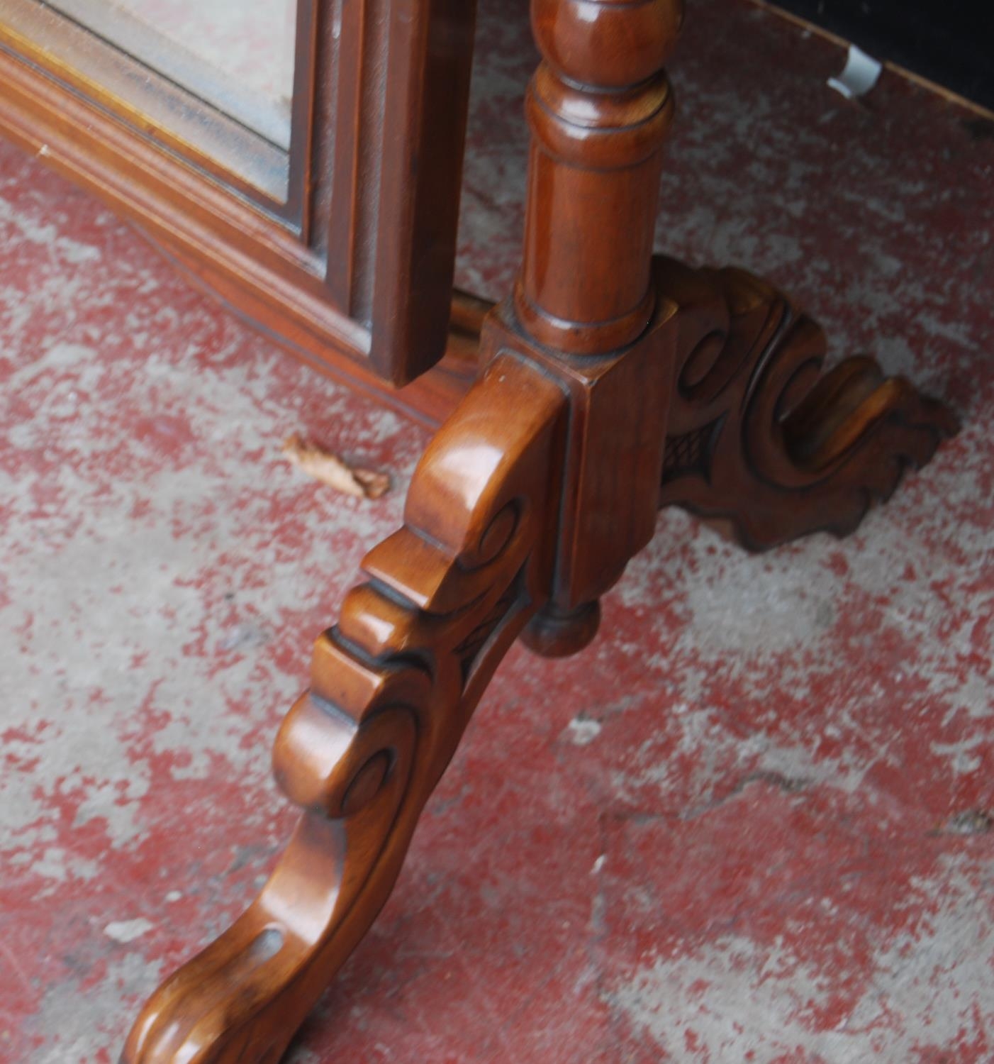 Victorian mahogany cheval mirror, the pierced scroll and fern pediment above an arched plate glass - Image 3 of 5