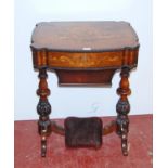 19th century rosewood marquetry sewing table, the top inlaid with a scroll marquetry cartouche,