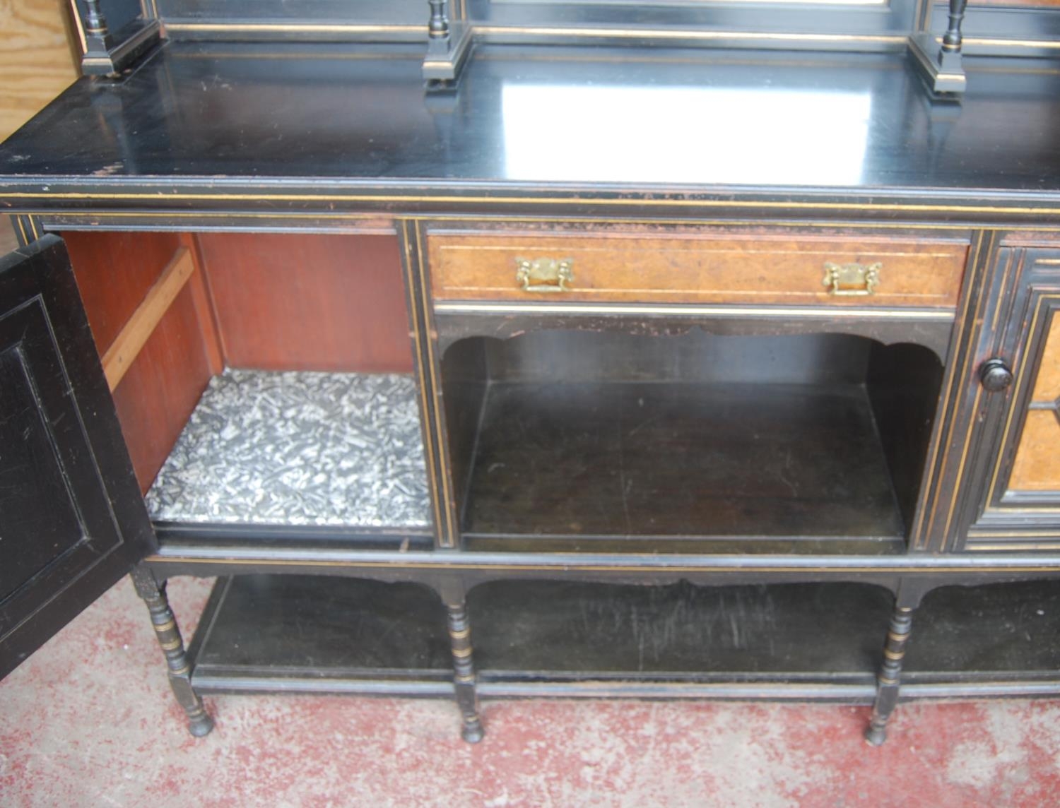 Late 19th century Aesthetic Movement ebonised and walnut drawing room cabinet, the top section - Image 6 of 9