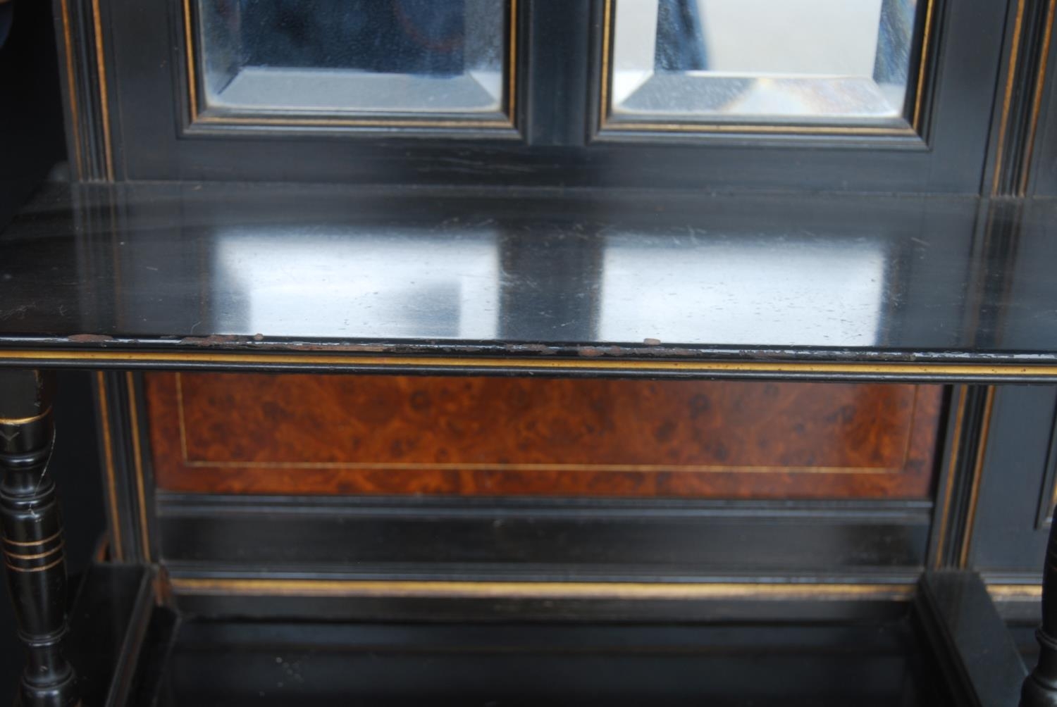 Late 19th century Aesthetic Movement ebonised and walnut drawing room cabinet, the top section - Image 7 of 9