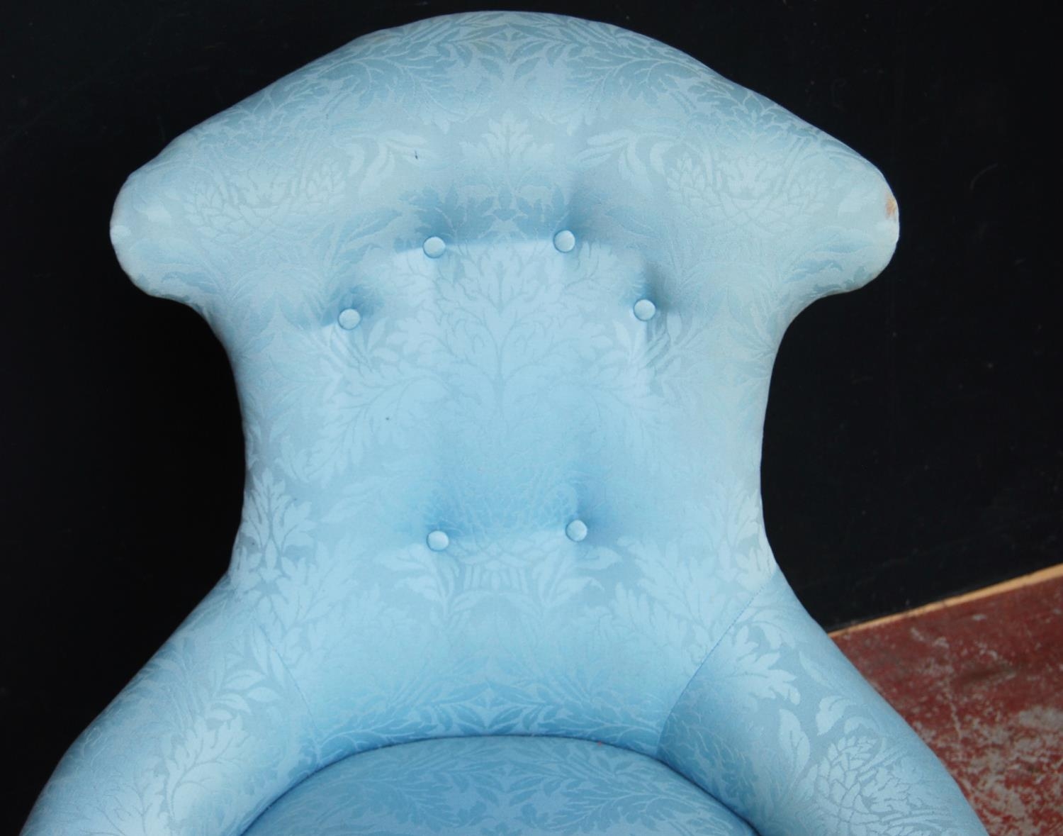 19th century mahogany lady's armchair, the shaped back rest upholstered in later blue button-back - Image 3 of 4
