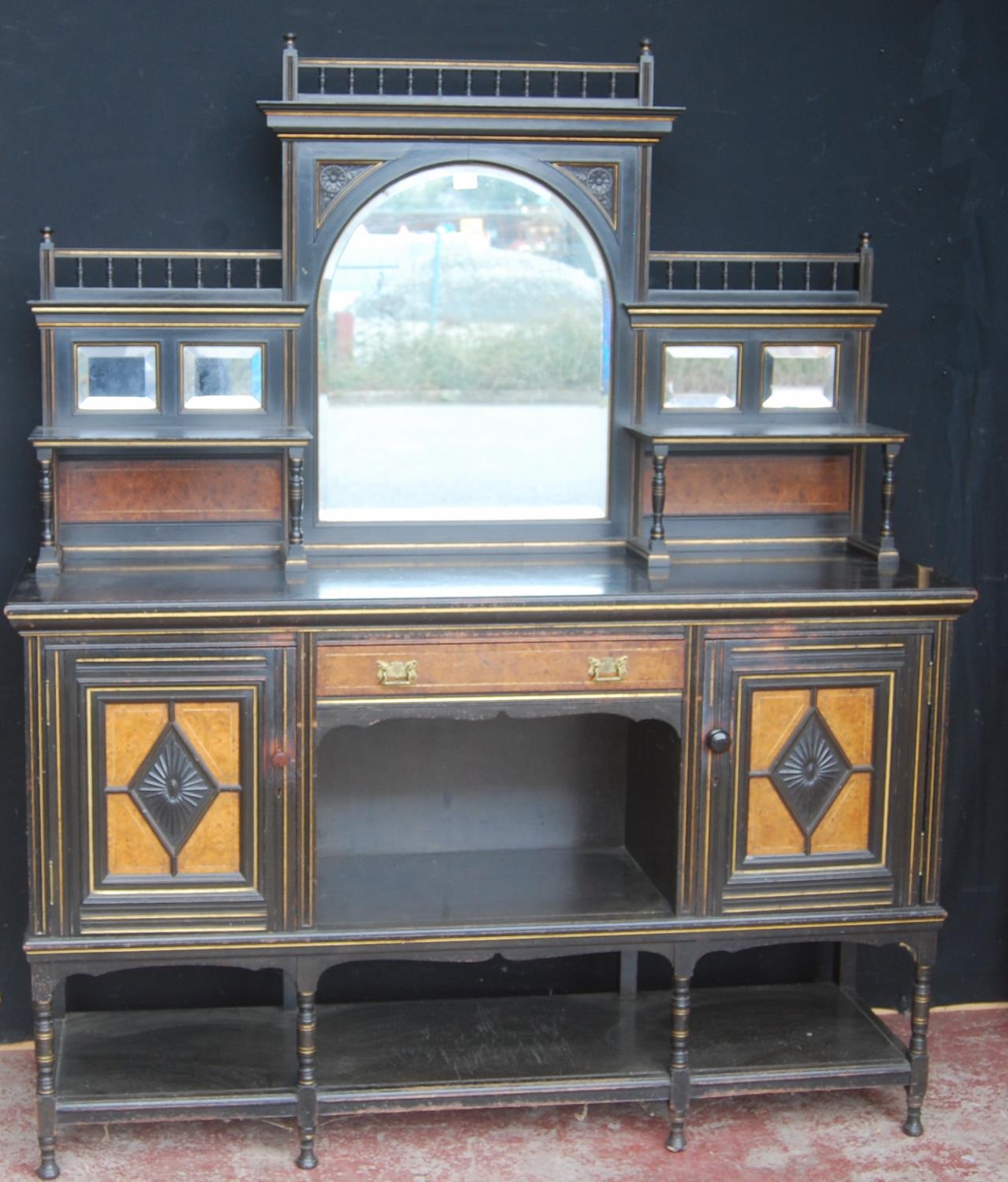 Late 19th century Aesthetic Movement ebonised and walnut drawing room cabinet, the top section