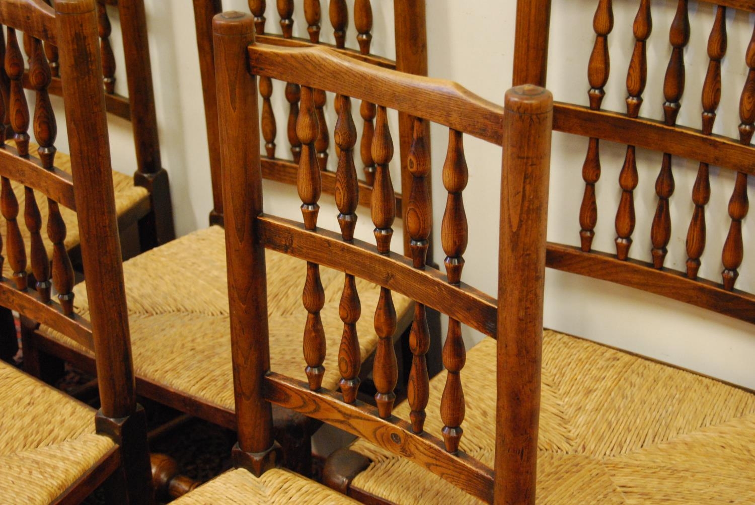 Set of six matching Lancashire-style ash and elm country chairs, with spindle decoration above woven - Image 3 of 3