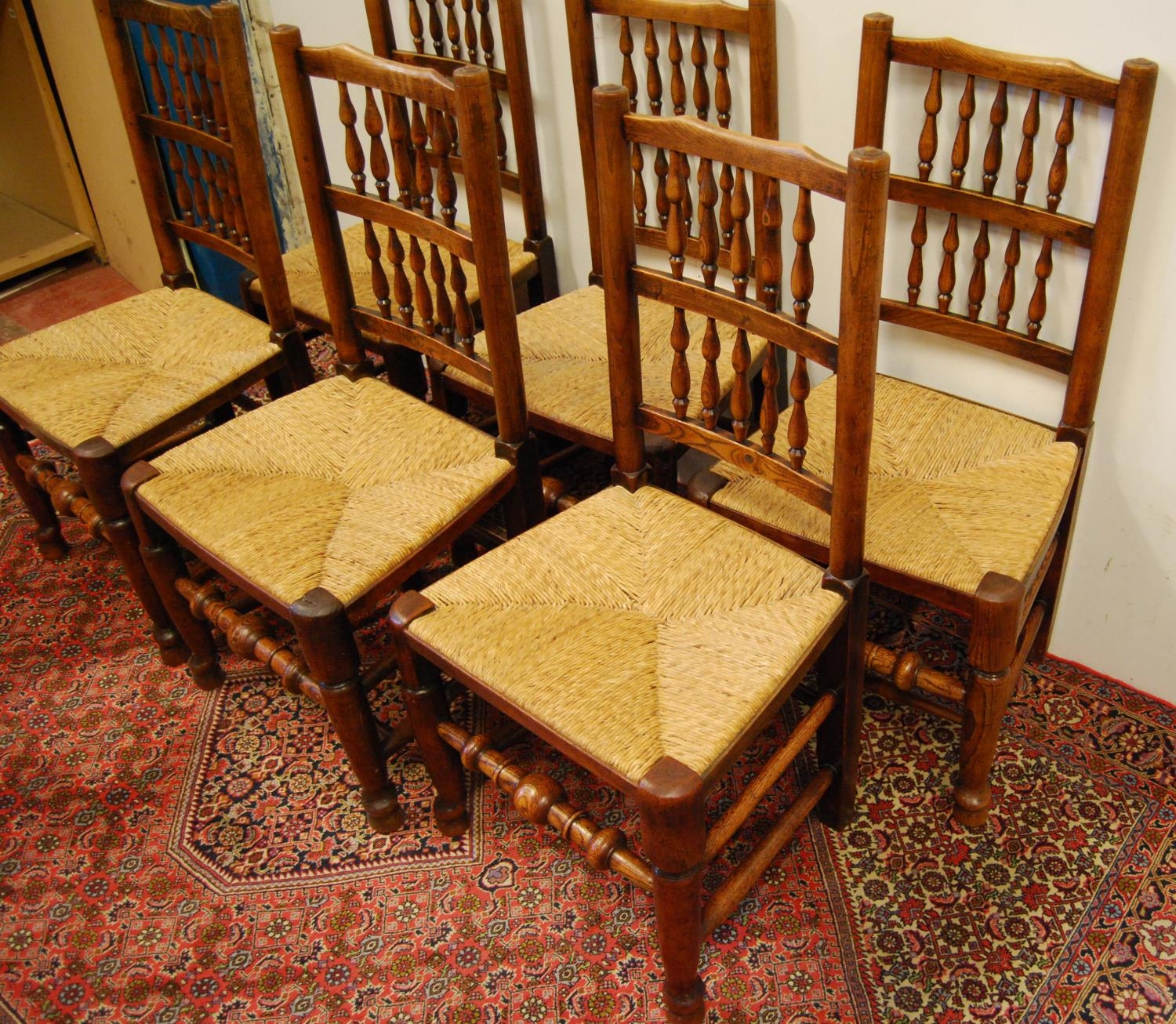 Set of six matching Lancashire-style ash and elm country chairs, with spindle decoration above woven - Image 2 of 3