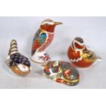 Four Royal Crown Derby animal paperweights modelled as a kitten and three birds, stopper to the