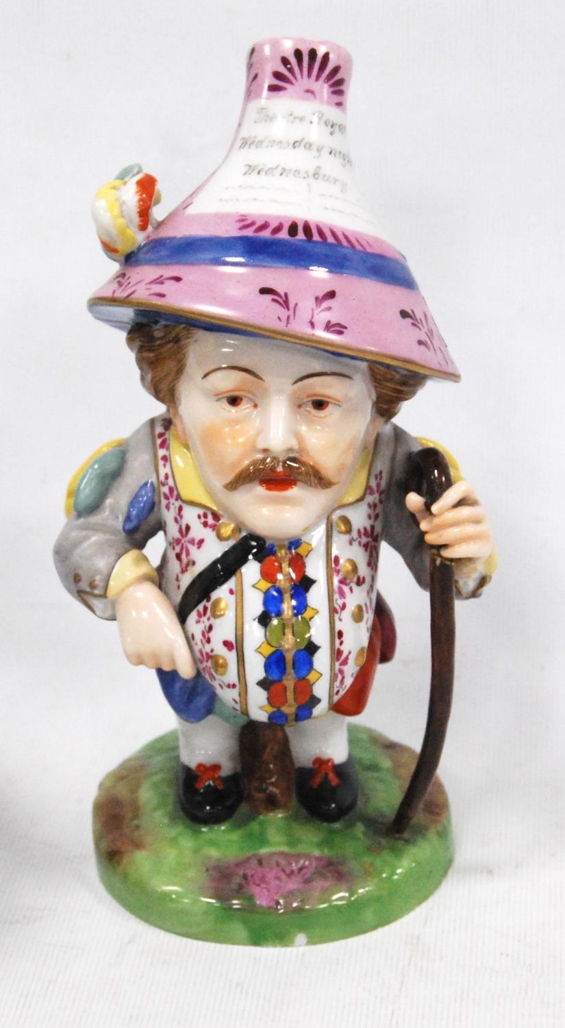 Pair of early 20th century Royal Crown Derby Mansion House dwarf figures, both bearing slogans to - Image 3 of 10