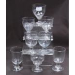 Group of Regency-style antique glass rummers, with plain and dimple-cut bowls, on knopped and