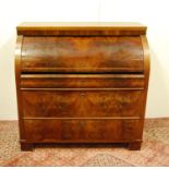 19th century Biedermeier mahogany cylinder writing bureau, the roll top enclosing inlaid fitted