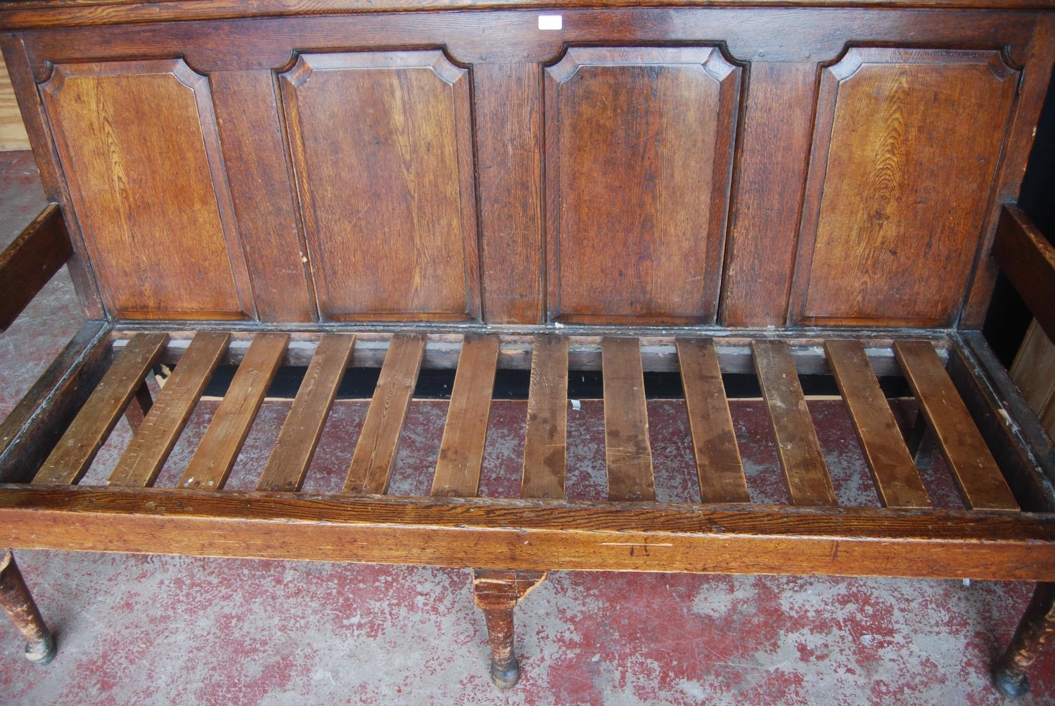 Early 19th century oak hall bench, with a four-section panelled back above a later slatted seat, - Image 2 of 6