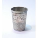 Silver spirits measure, 'Just a Thimbleful', 1977, 55mm high, 34g.