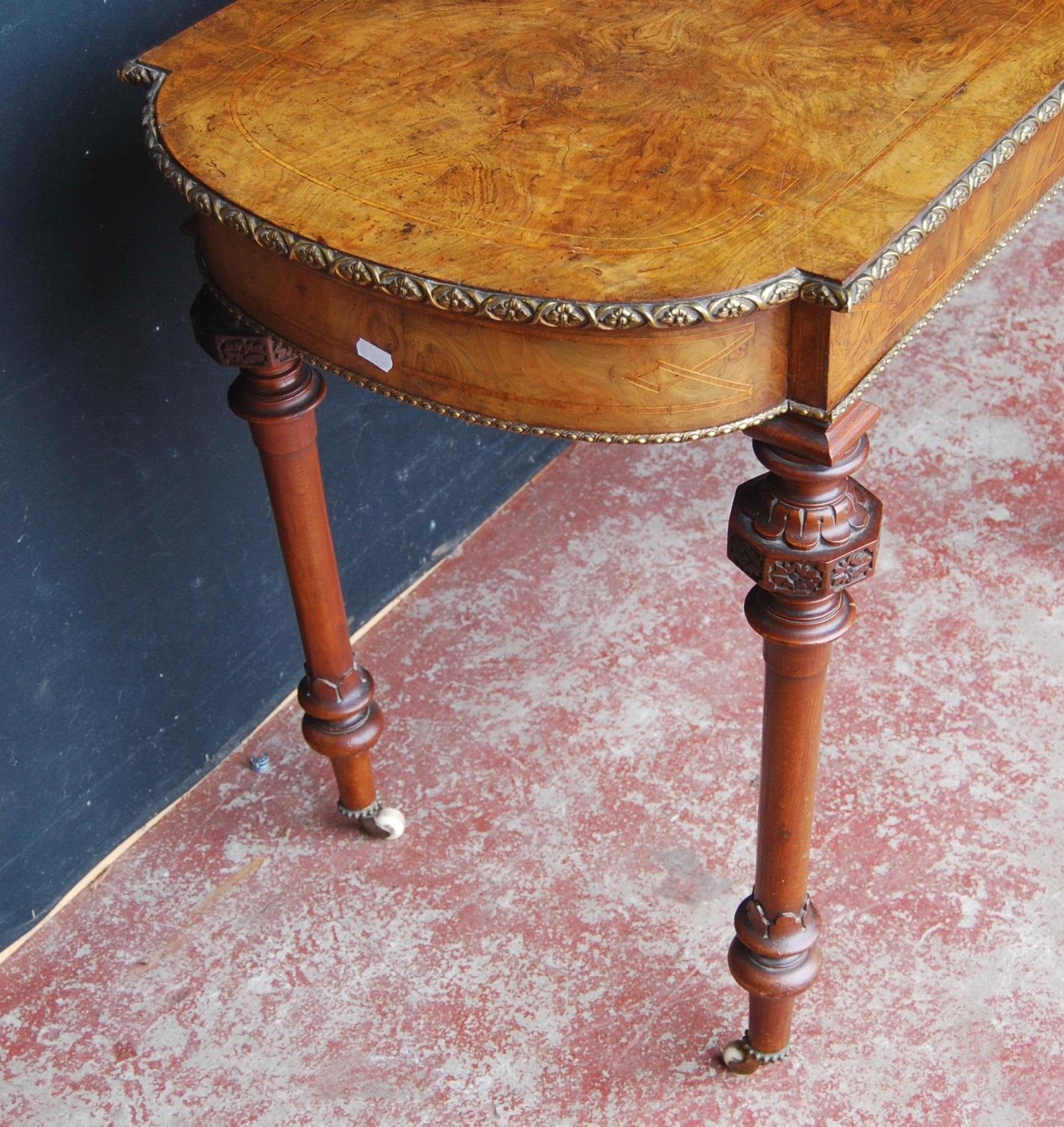 19th century French inlaid burr walnut hall table, the D-end top above an inlaid frieze decorated - Image 5 of 6